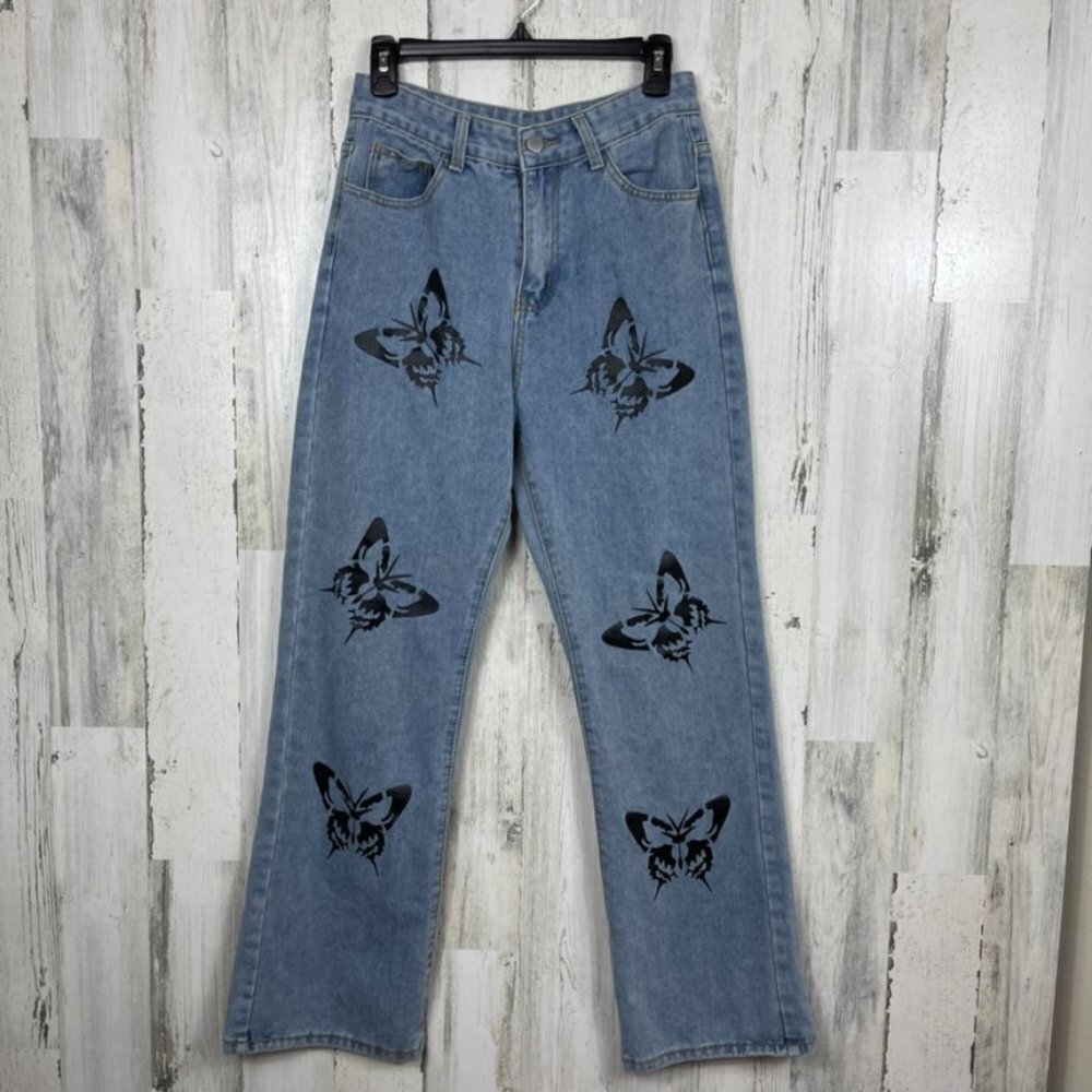 Romwe denim jeans straight leg butterflies fairycore boho festival high rise‎ M